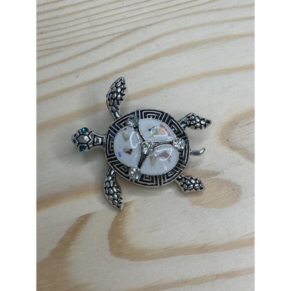 Turtle-Inspired Silver-Tone & Faux Mother-Of-Pearl Brooch Rhinestone Accents